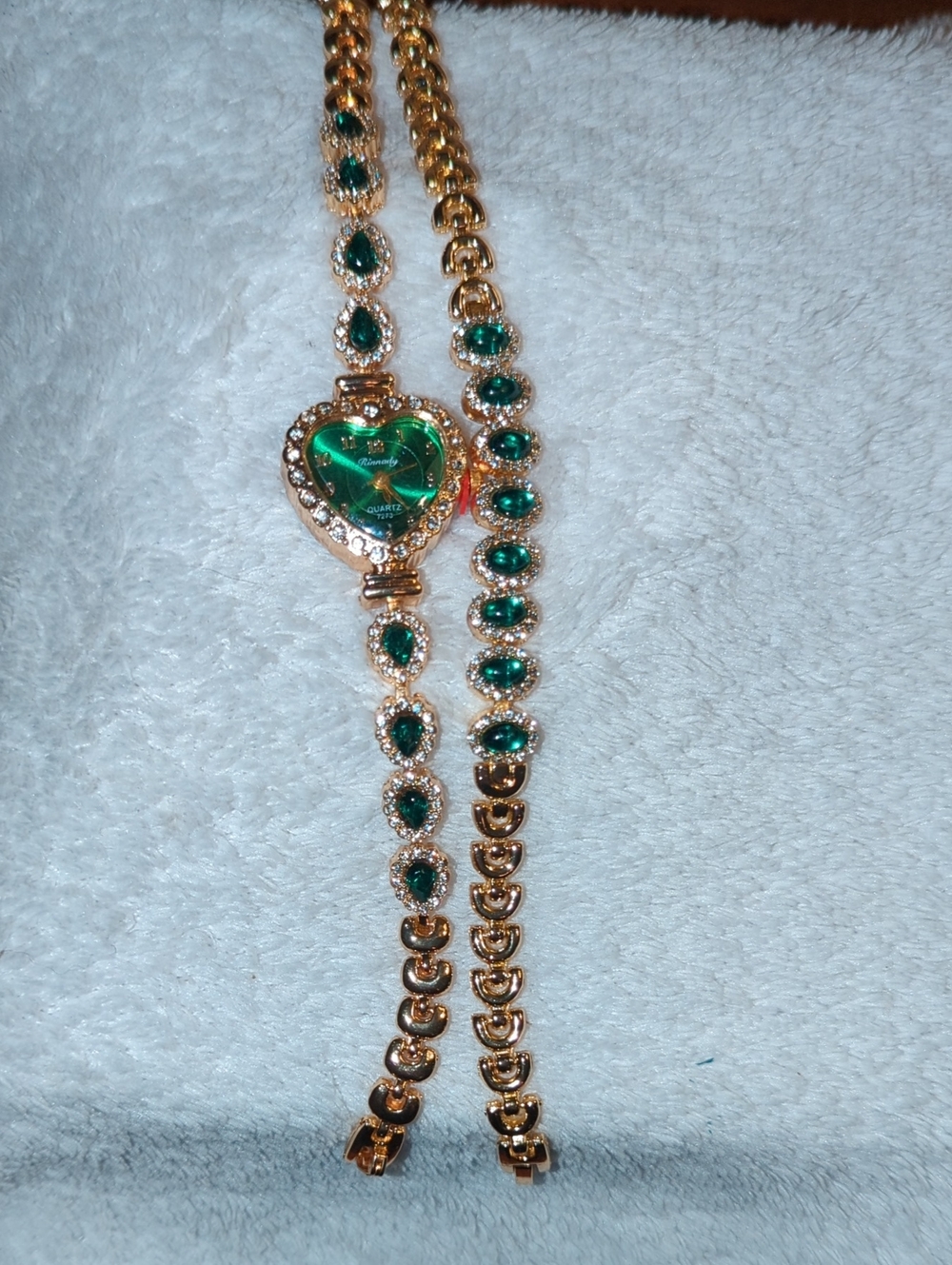 Gold-Tone Heart Watch Bracelet with Emerald Green Stones Set.